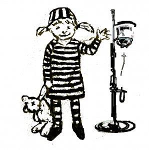 graphic of small child holding a teddy bear and wearing striped "jail garb"