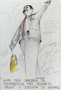 Cartoon of Reville with big broom and quote "The man who revels in sweeping" with many signatures