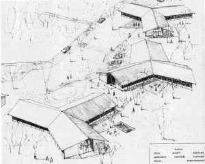 Architect's sketch of small cottages in a park-like setting