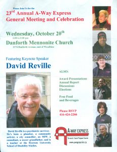 Flyer advertising "23rd Annual A-Way Express General Meeting and Celebration" large photo of keynote speaker David Reville