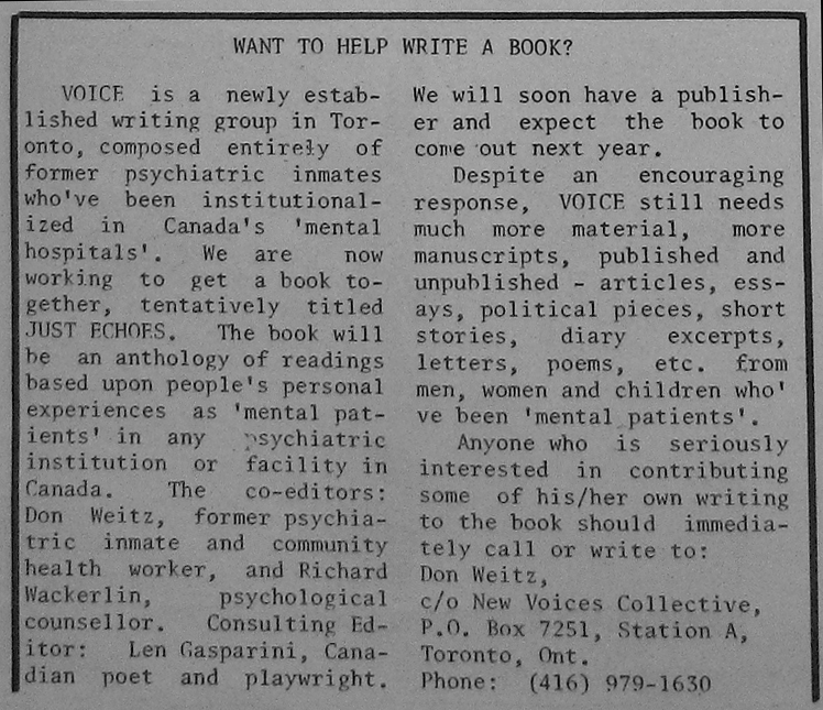 Ad for Voices that appear in the MPA’s In A Nutshell, March 1975, entitled "Want to Help Write a Book?"