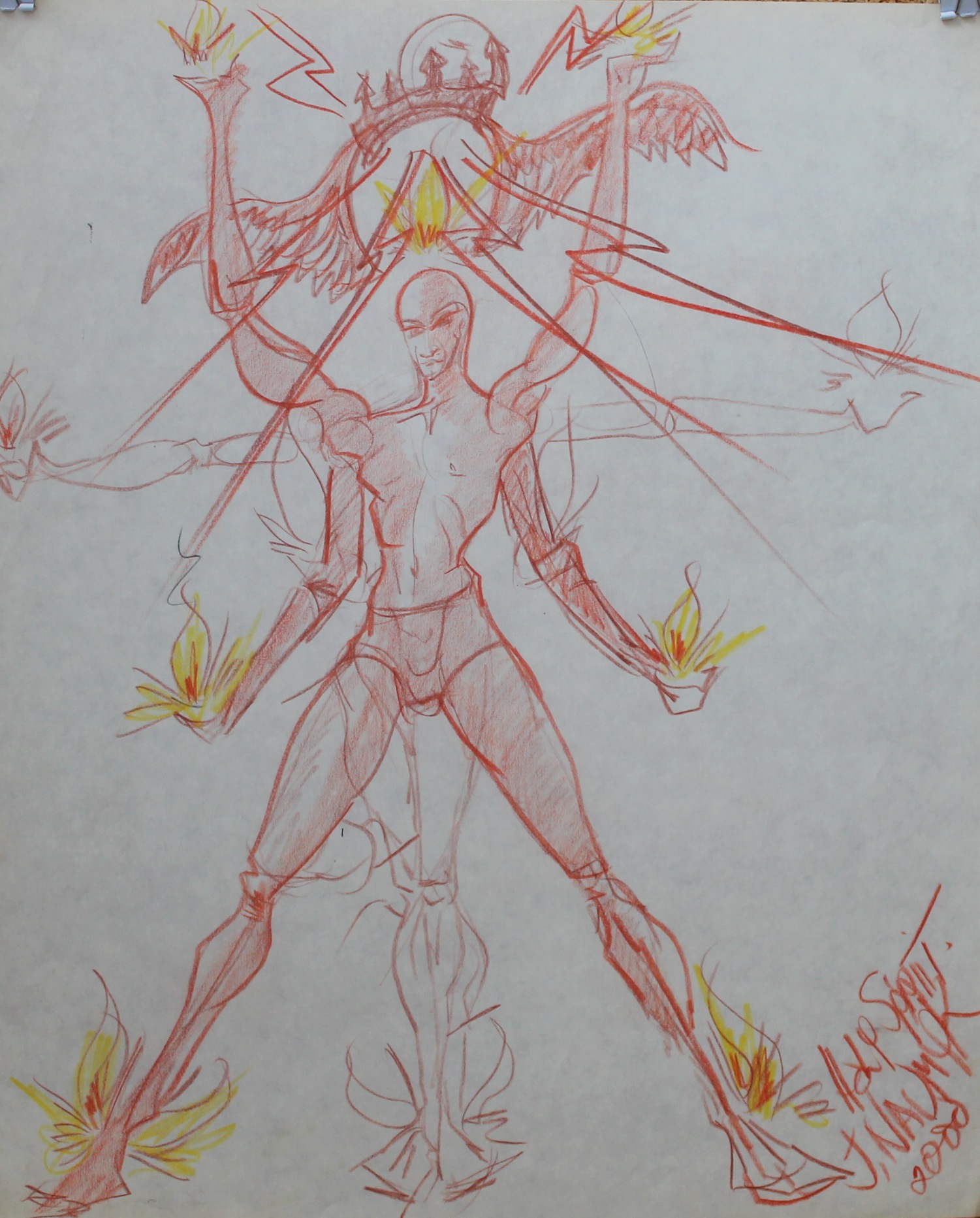 Mystical watercolour of red male figure with fire