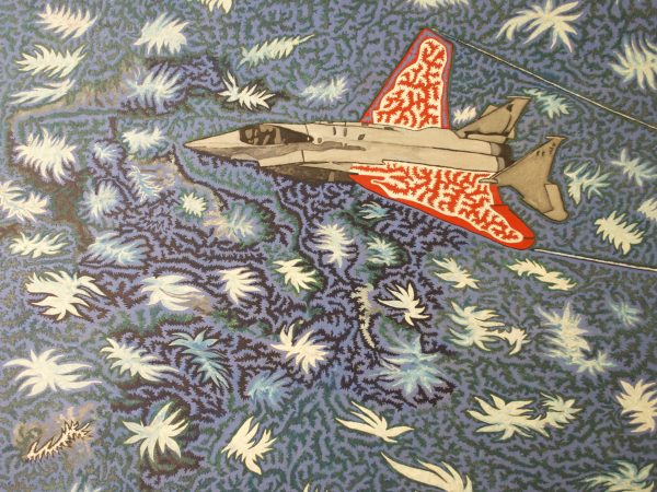 Painting of red plane flying in blue star-filled sky