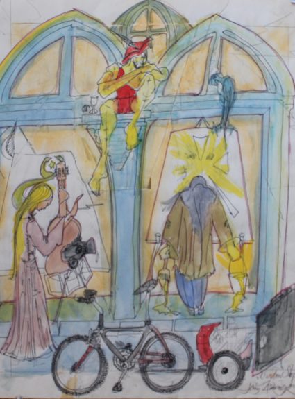 aquarelle de la façade de PARC avec bicyclette et visages