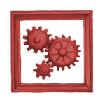 Three green gears working together within a picture frame