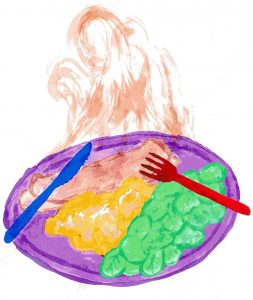 illustration of food on purple plate and cutlery