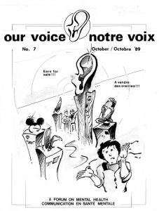 Our Voice Notre Voix cover with a large sketch of an ear and smaller images of people