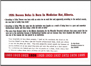 page of Sterilization timeline talking about Doreen Befus' birth and institutionalization