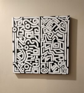 a black and white geometric painting of a maze that cannot be navigated