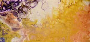 An abstract painting with orange and yellow "bubbles' at the base and part way up the left side and then white and purple bubbles coming in on thr right and across the top.