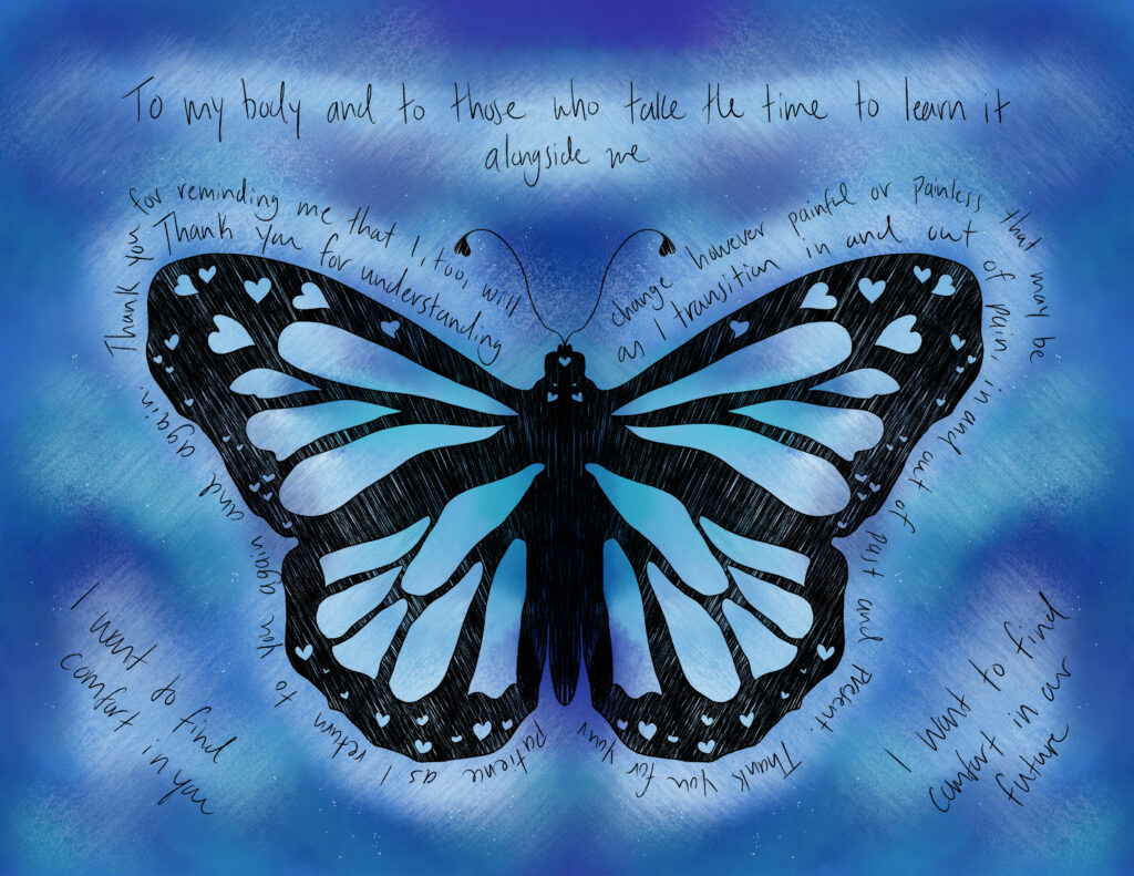 Black butterfly on blue and soft turquoise background and words written around the butterfly and on the backgrounds. The words are often comments on relationships, i.e. "I want to find comfort in relationships."