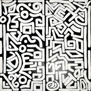 Black and white painting of a maze that cannot be navigated